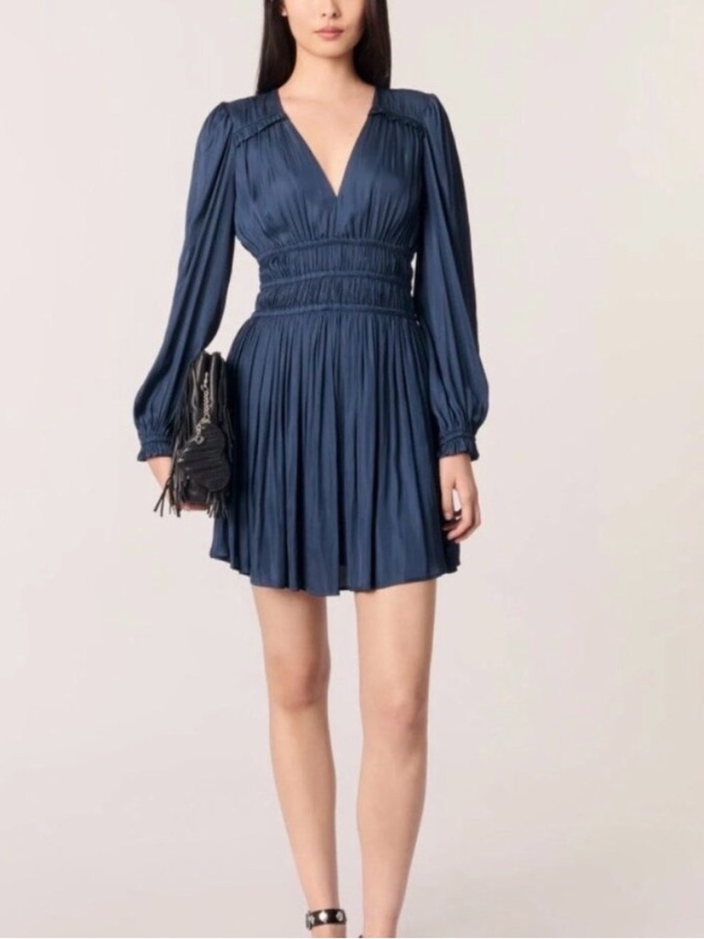Maje Navy Blue V‑Neck Long‑Sleeve Smocked Mini Dress